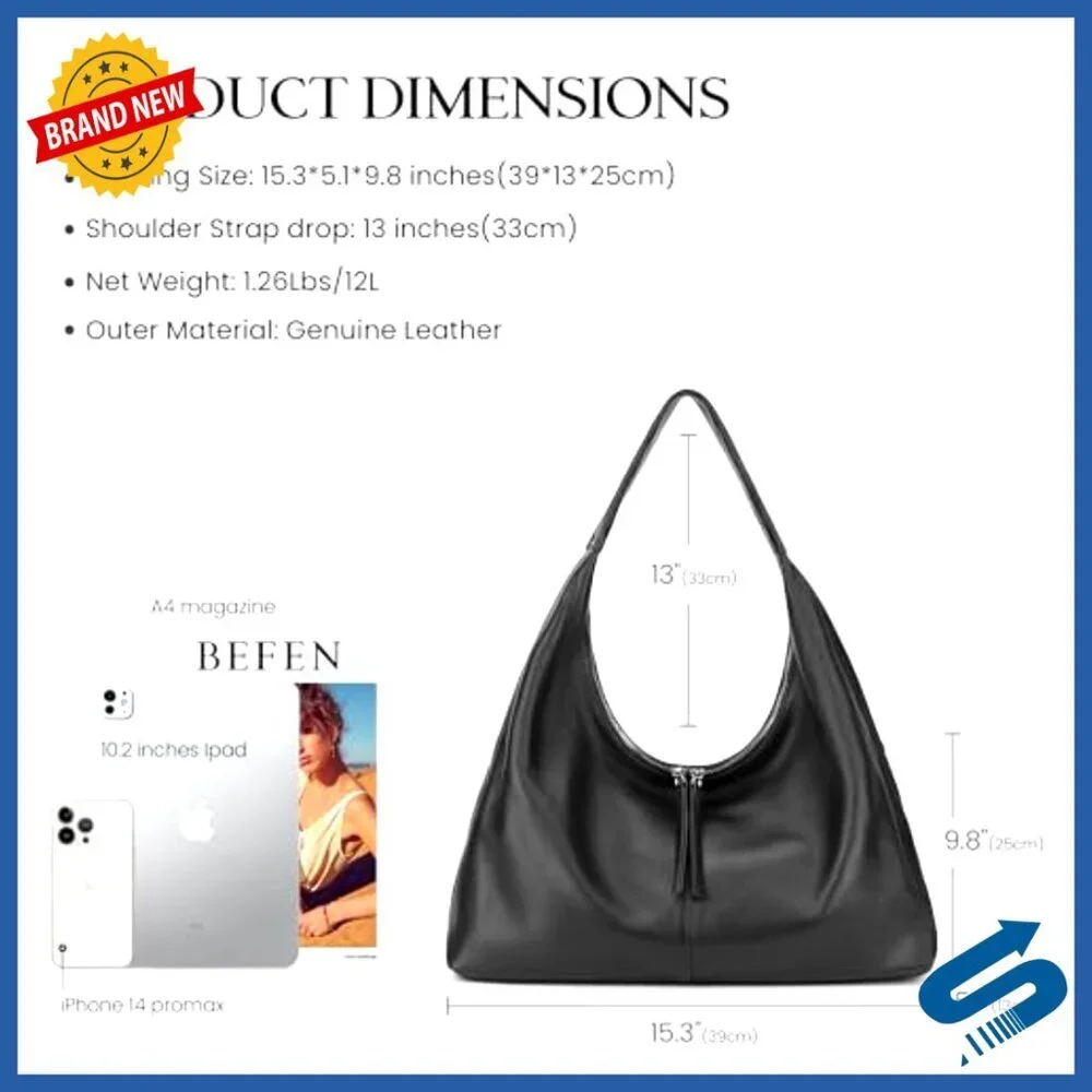 Leather Slouchy Hobo Tote Bag Ultra Soft Lightweight Work Travel Shoulder Purse